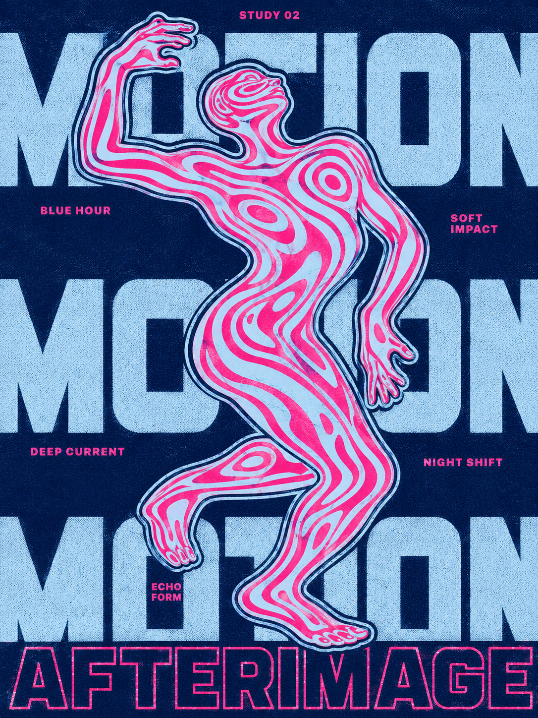 AFTERIMAGE motion study poster in blue and pink