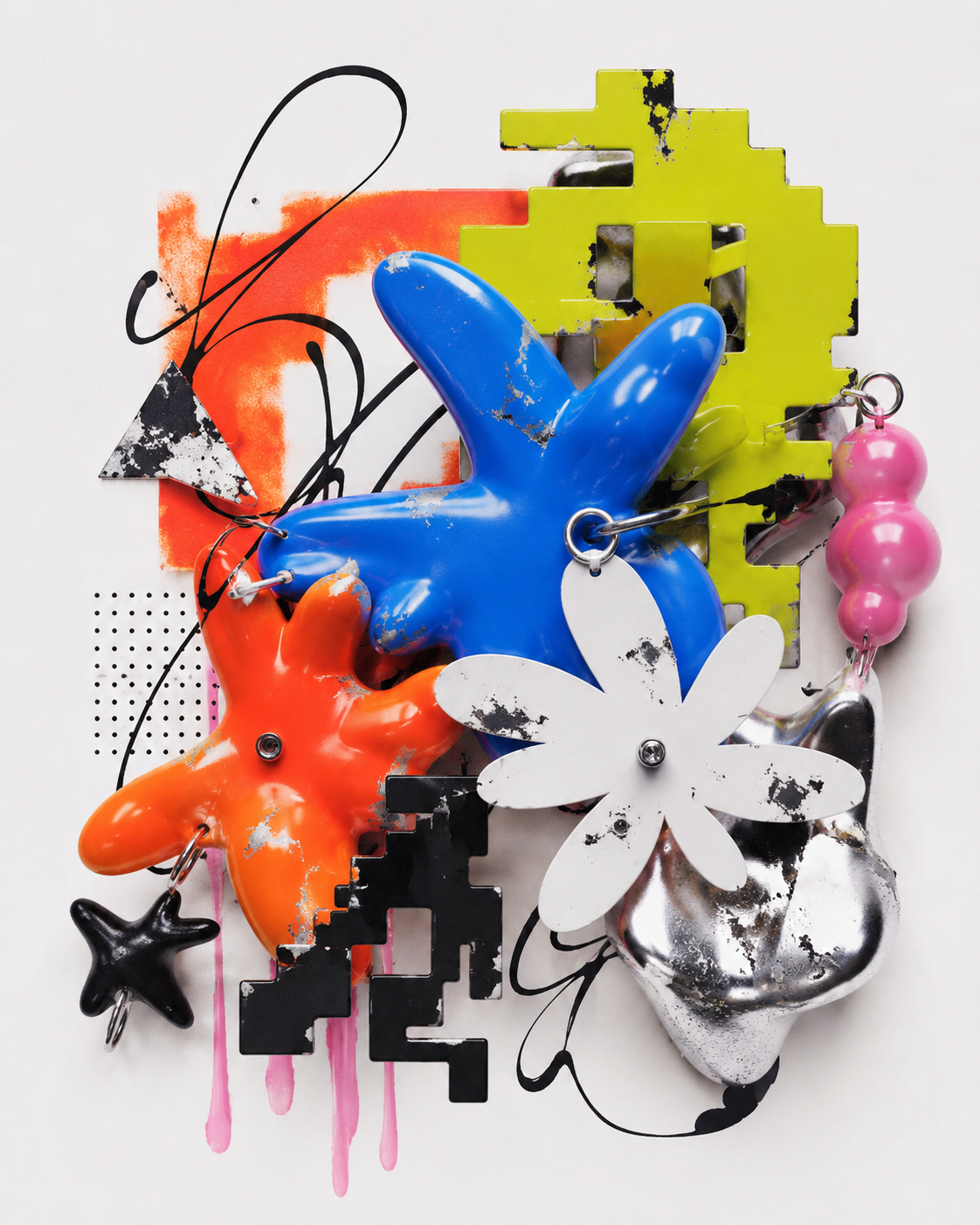 ASSEMBLY material study featuring colorful linked sculptural forms, metal hardware and gestural marks