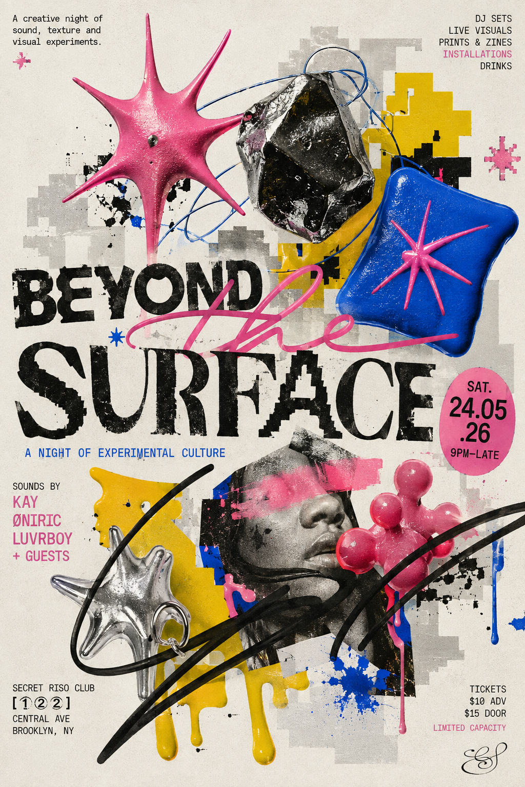 BEYOND THE SURFACE experimental culture poster with bright sculptural forms and mixed typography