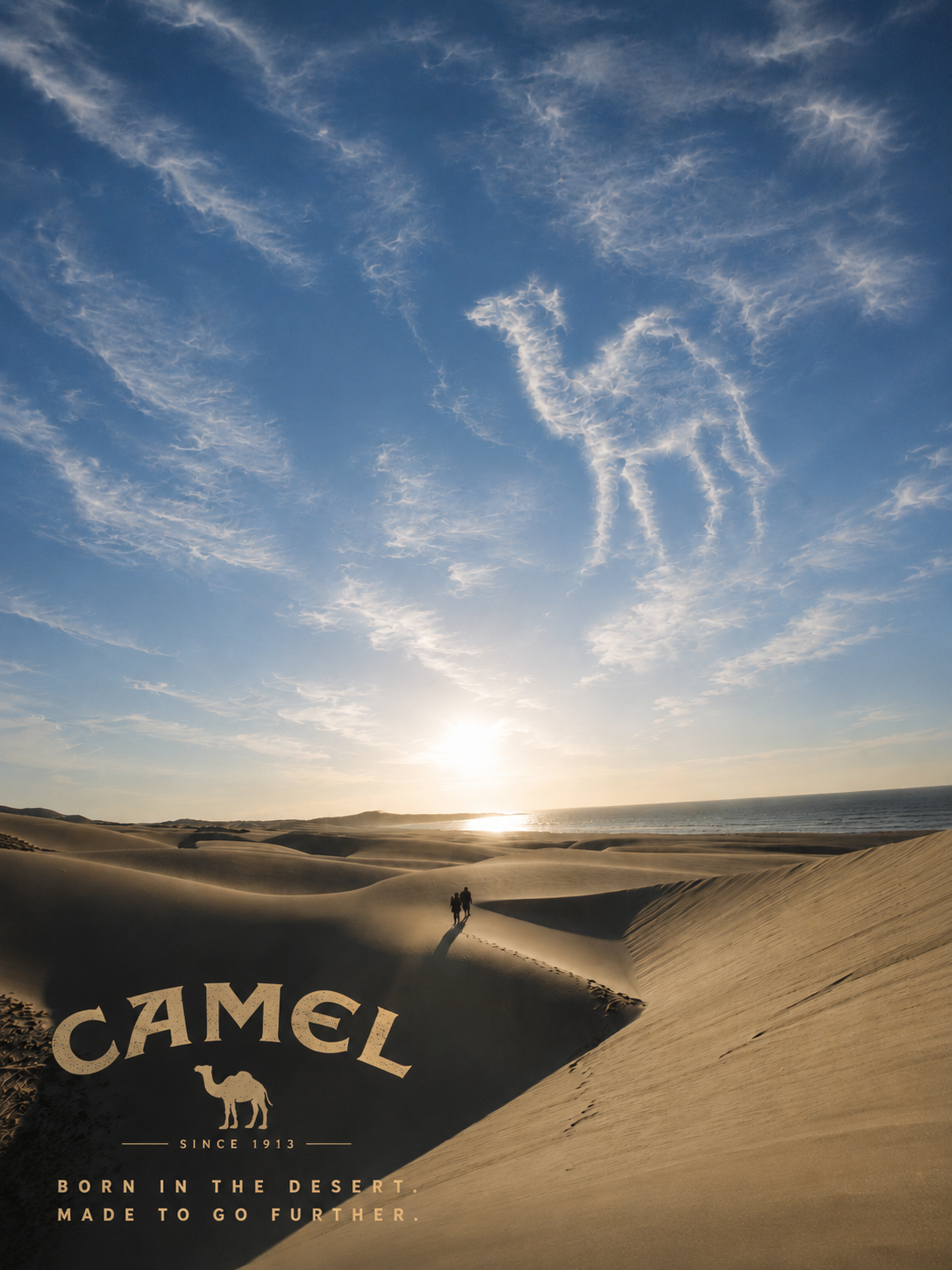 CAMEL campaign artwork set in desert dunes beneath a camel-shaped cloud