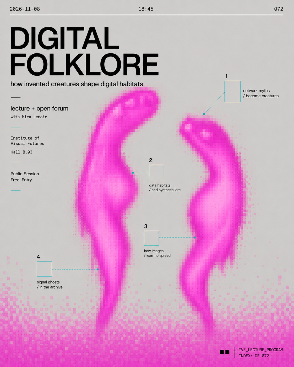DIGITAL FOLKLORE lecture poster featuring pixelated pink figures on a pale background