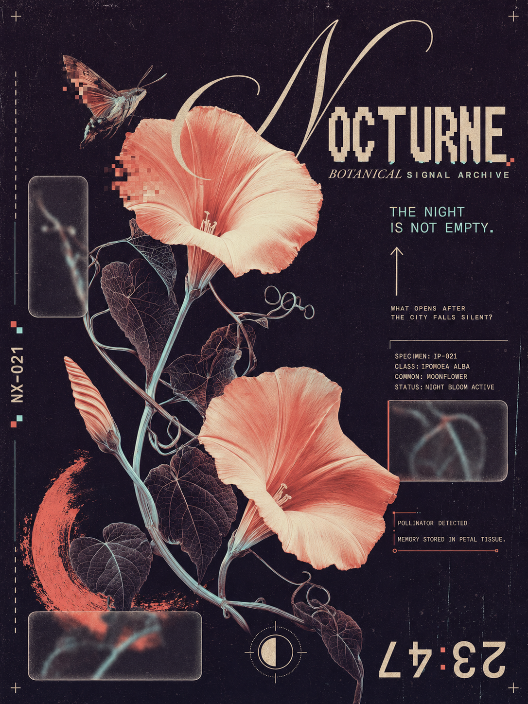 NOCTURNE botanical poster featuring moonflowers and a moth on a dark textured background