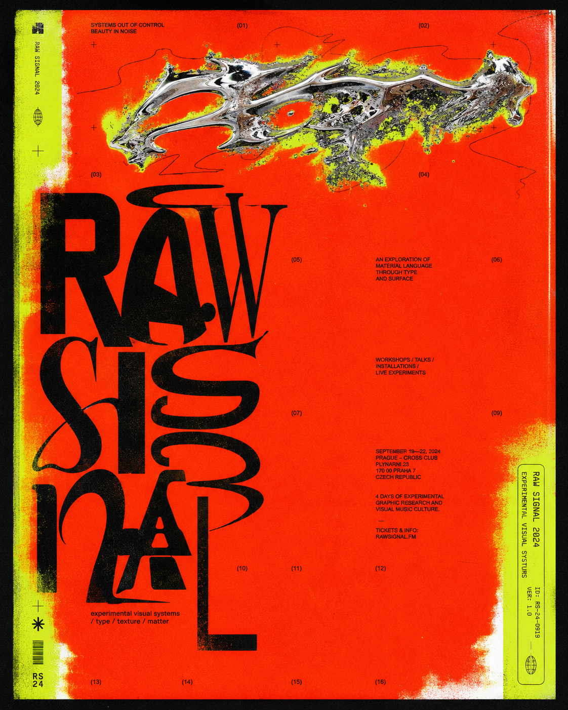 RAW SIGNAL experimental poster in red, acid green and black with chrome sculptural typography
