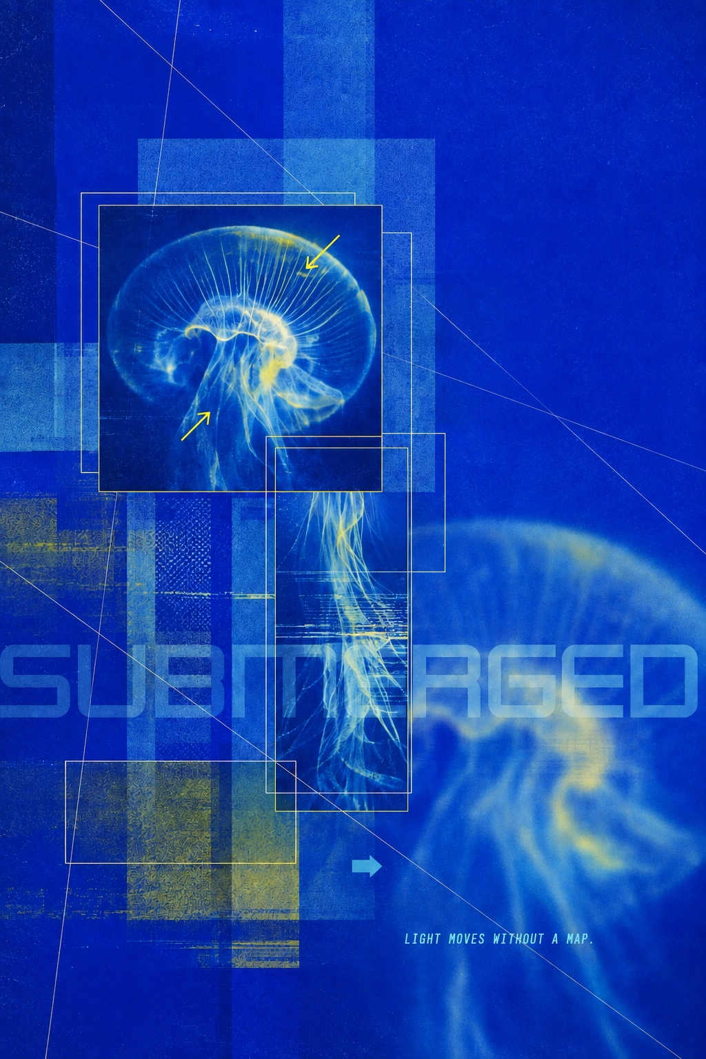 SUBMERGED poster featuring layered blue jellyfish imagery with yellow accents