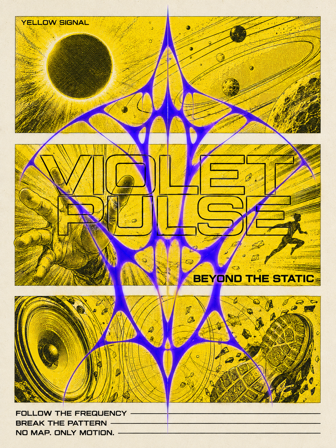 VIOLET PULSE poster with yellow science-fiction panels and a violet abstract form